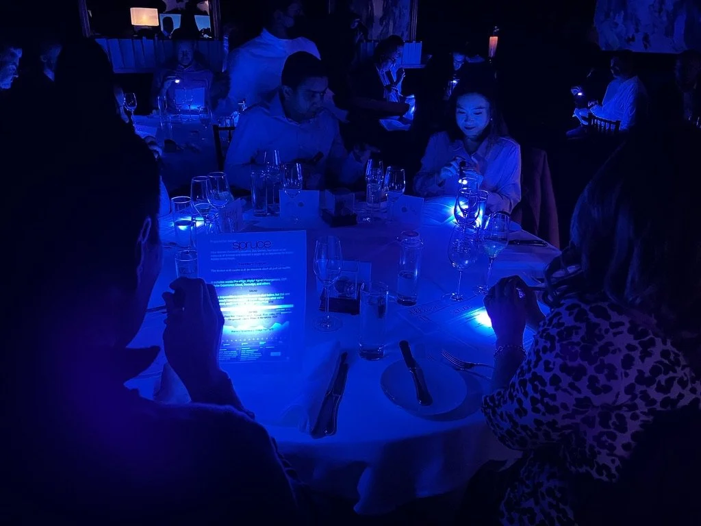 A table of guests using UV flashlights to reveal a personalized hidden message in invisible ink