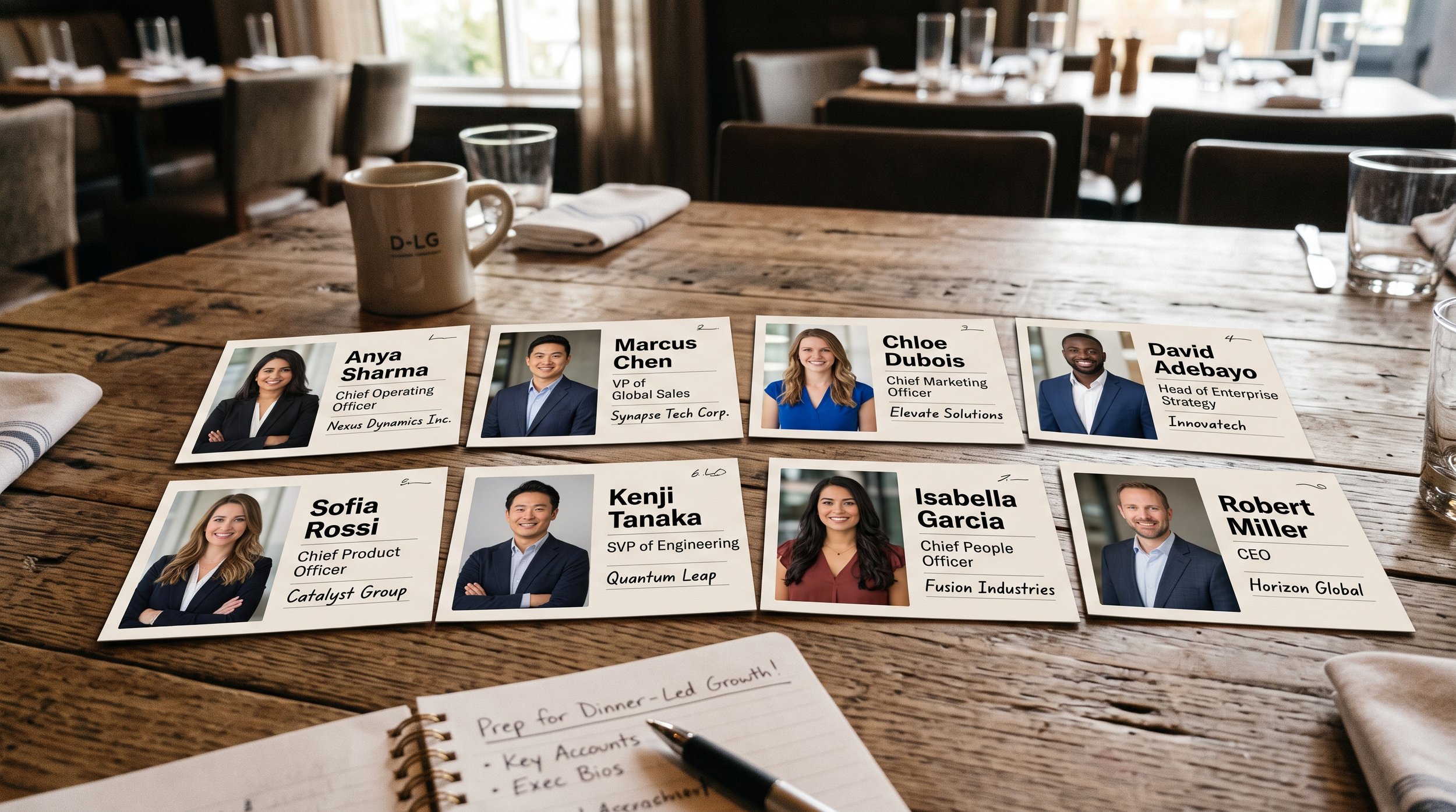 A table with flashcards spread out of executives coming to an executive dinner.
