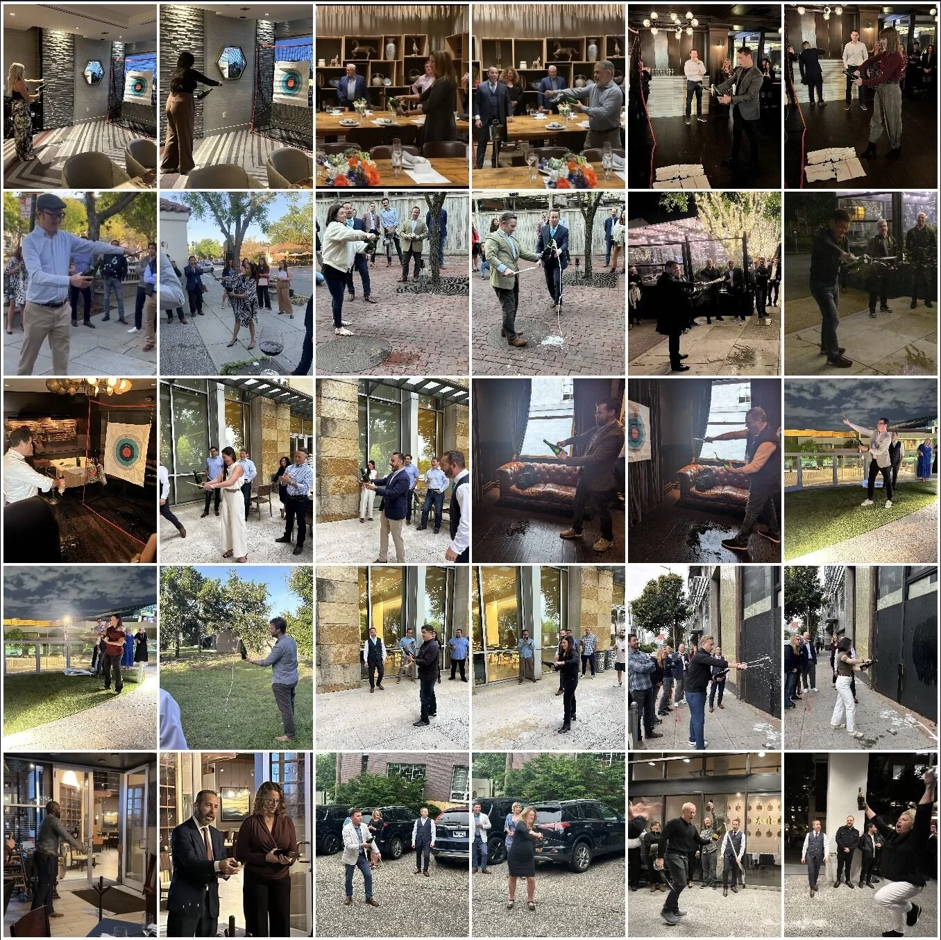 A collage of 30 different dinner guests sabering Champagne