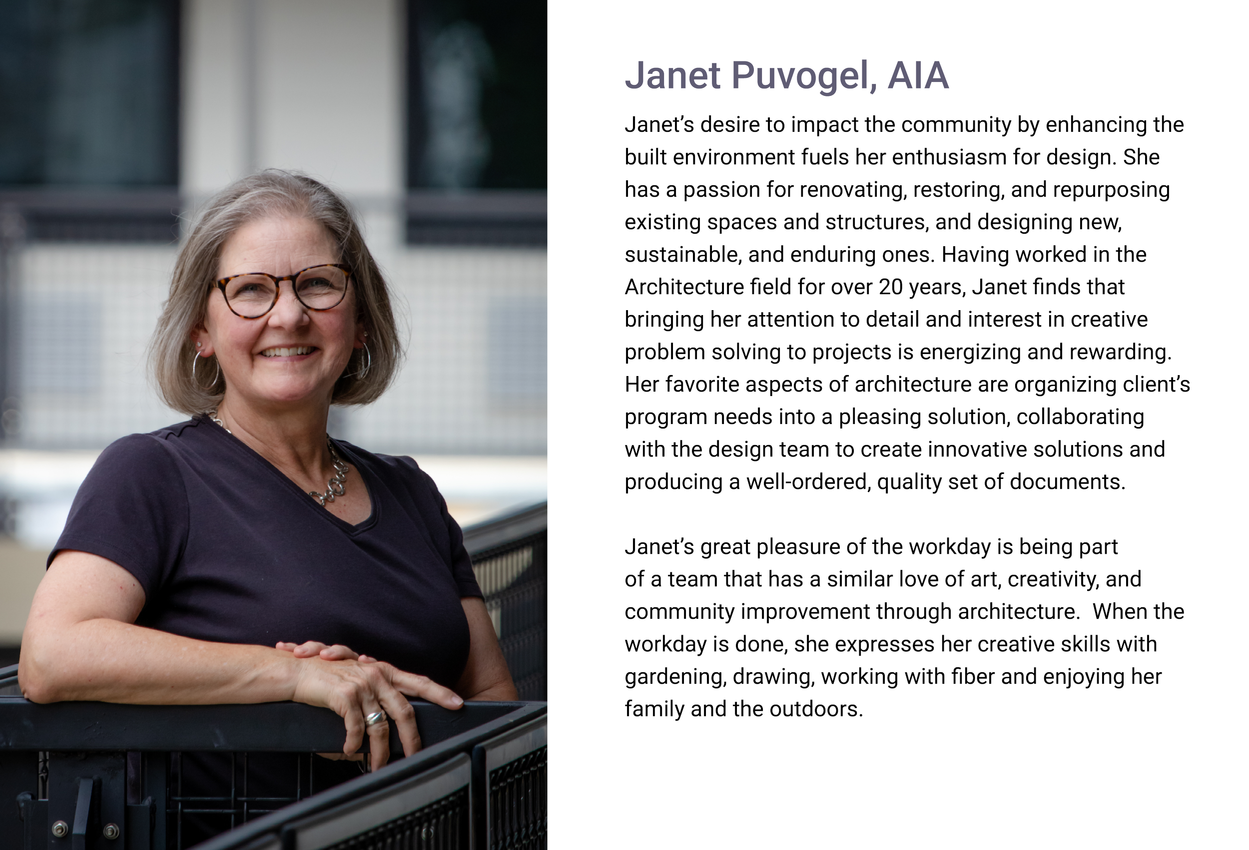 Janet Puvogel Architect of E.H. Goodman. Portrait of a smiling woman with shoulder-length gray hair, glasses, wearing a black top, leaning on a black railing outdoors.