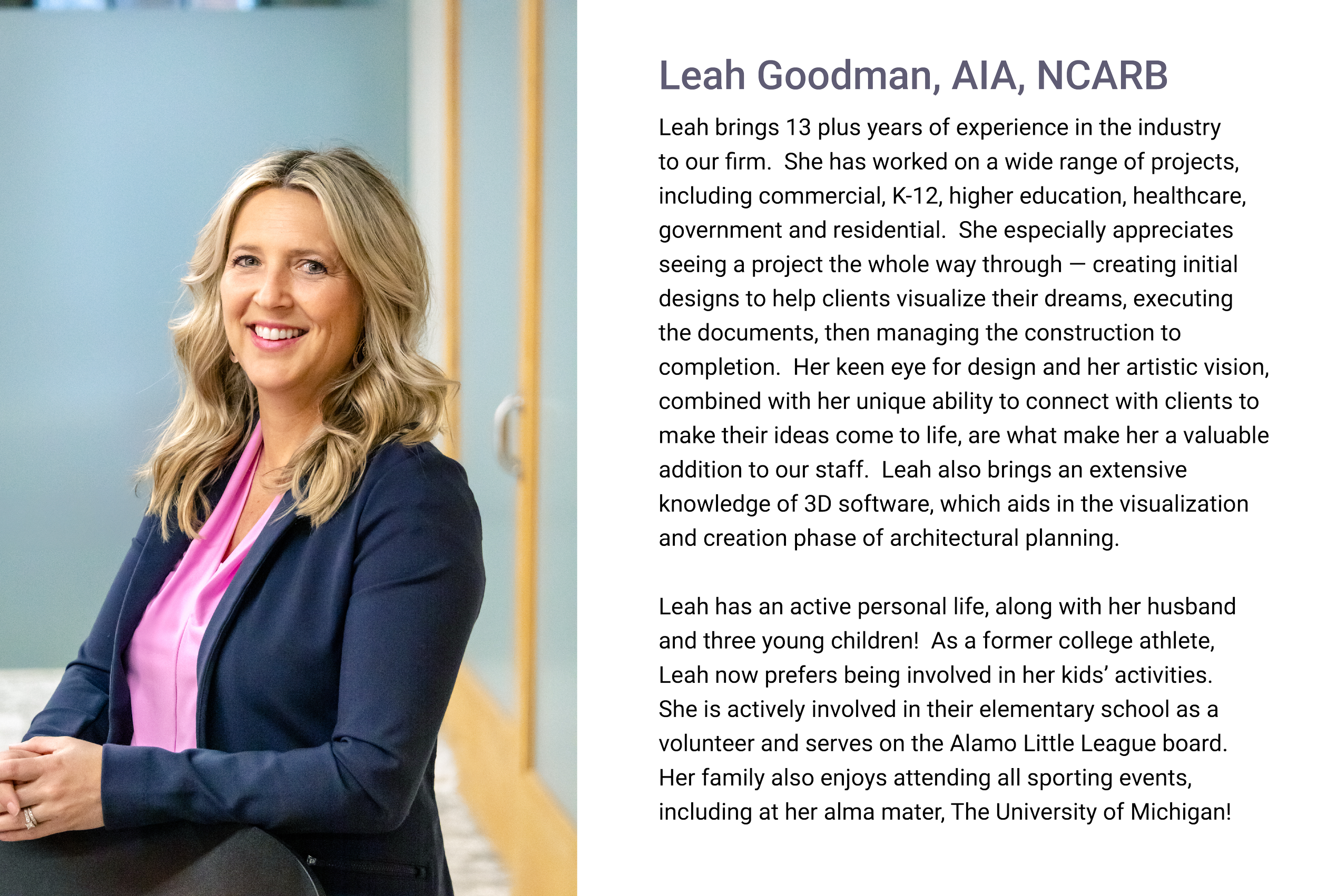Leah Goodman of E.H. Goodman Architects.
A smiling woman with blonde wavy hair, wearing a navy blazer and pink blouse, standing in an indoor setting with a light blue wall and wooden slats in the background.
