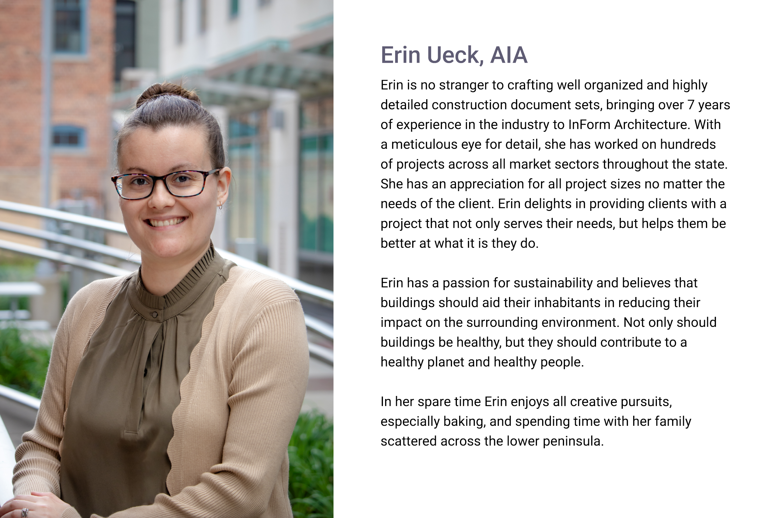 Erin Ueck, Architect of E.H. Goodman, smiling outdoors in front of a building with glass and brick features, wearing glasses and a beige top.