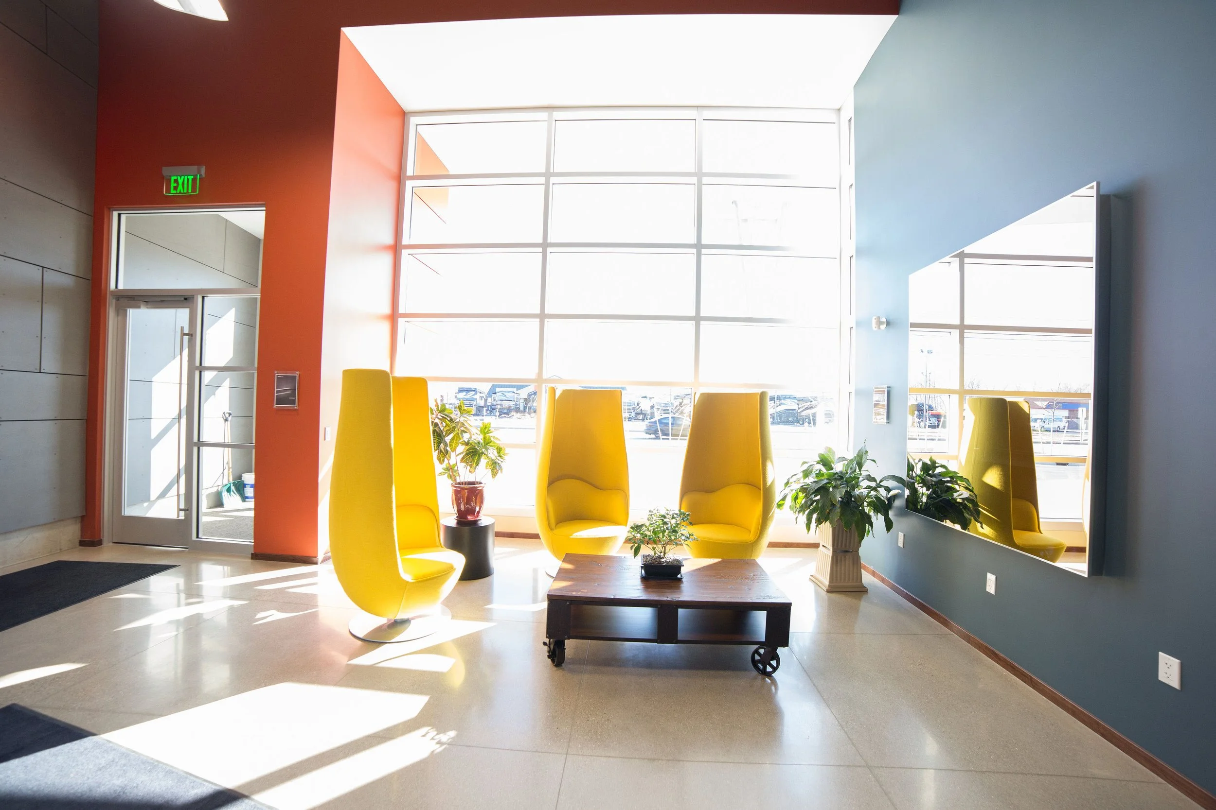 A brightly lit modern indoor space with a blue wall on the right side, a red accent wall on the left, and large windows allowing sunlight to stream in. There are five yellow chairs, a small wooden table with a potted plant, and some other greenery ne