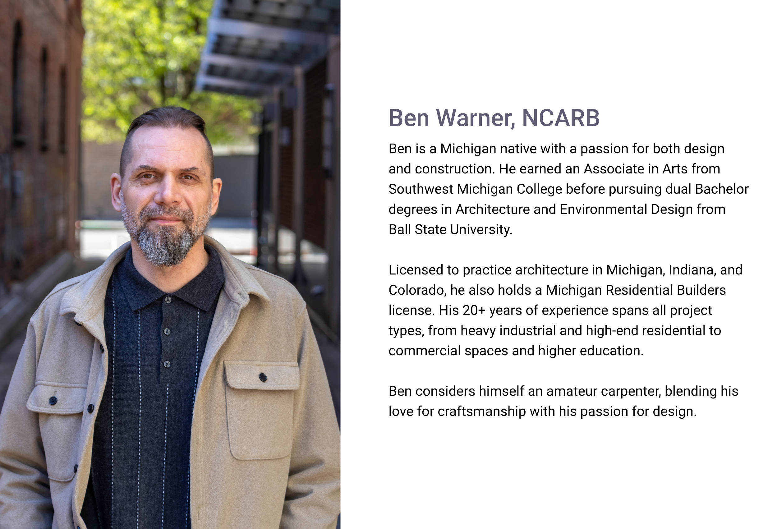 Ben Warner, Senior Architect of E.H. Goodman Architects. A man with short dark hair and a beard, wearing a beige jacket over a dark button-up shirt, standing outdoors in front of a background with greenery and architectural elements.