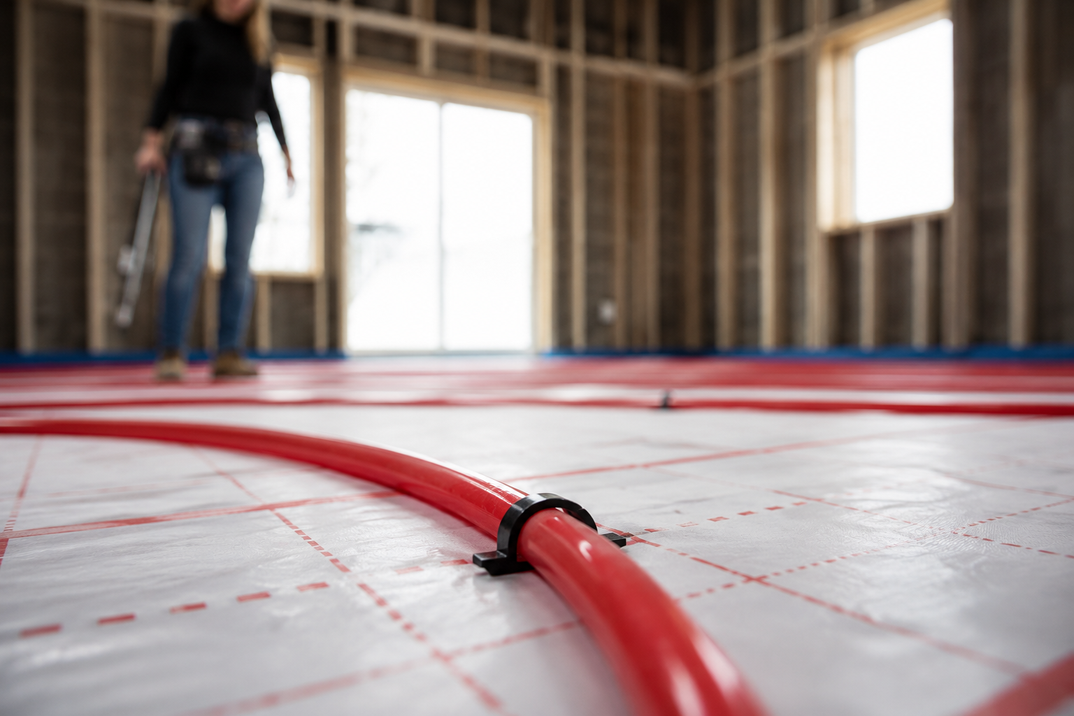 Red PEX tubing on top of foamboard held in place by Stapex Staples for Radiant Floor Heating with a woman construction worker in the background.