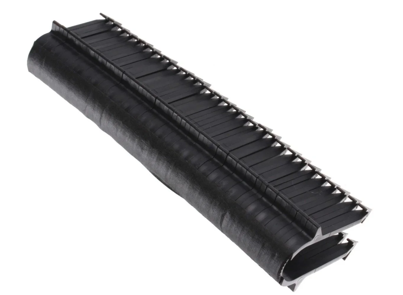 A black plastic roof rake with a wide, curved blade for removing snow from roofs.