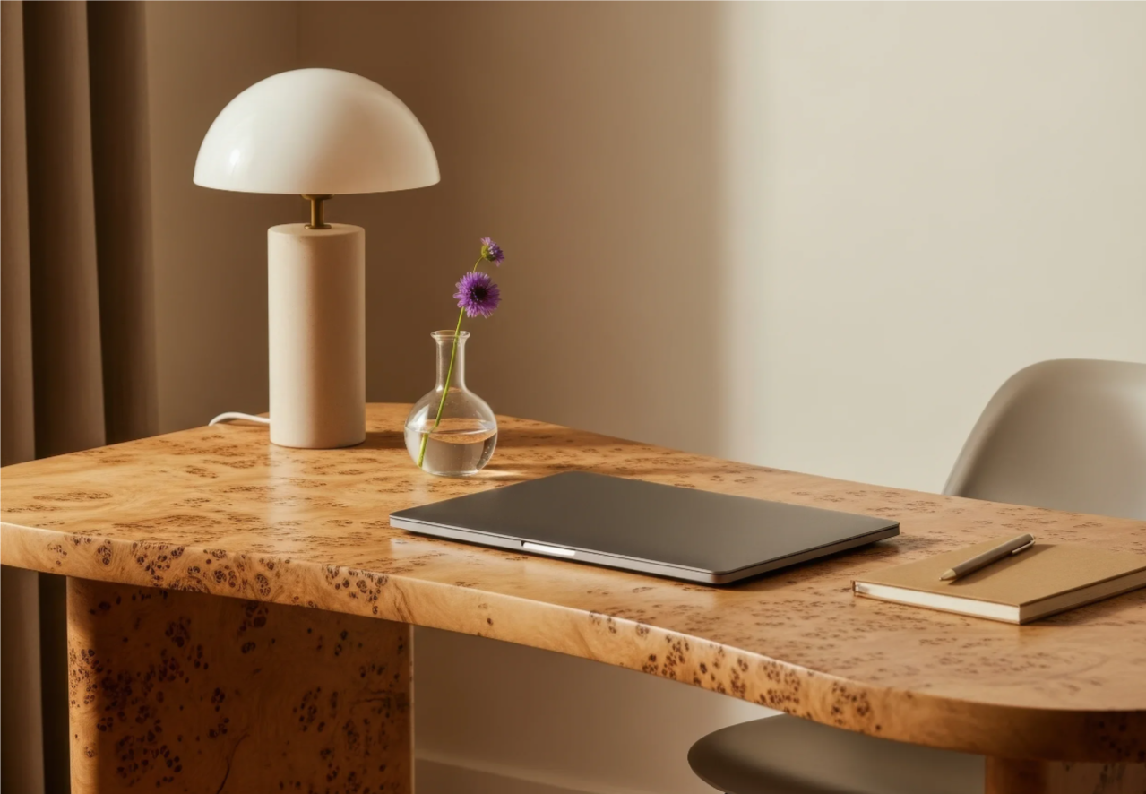 Minimalist wooden desk with a modern white table lamp, a clear glass vase with purple flowers, a closed laptop, a closed notebook, and a pen, in a cozy home office setting.