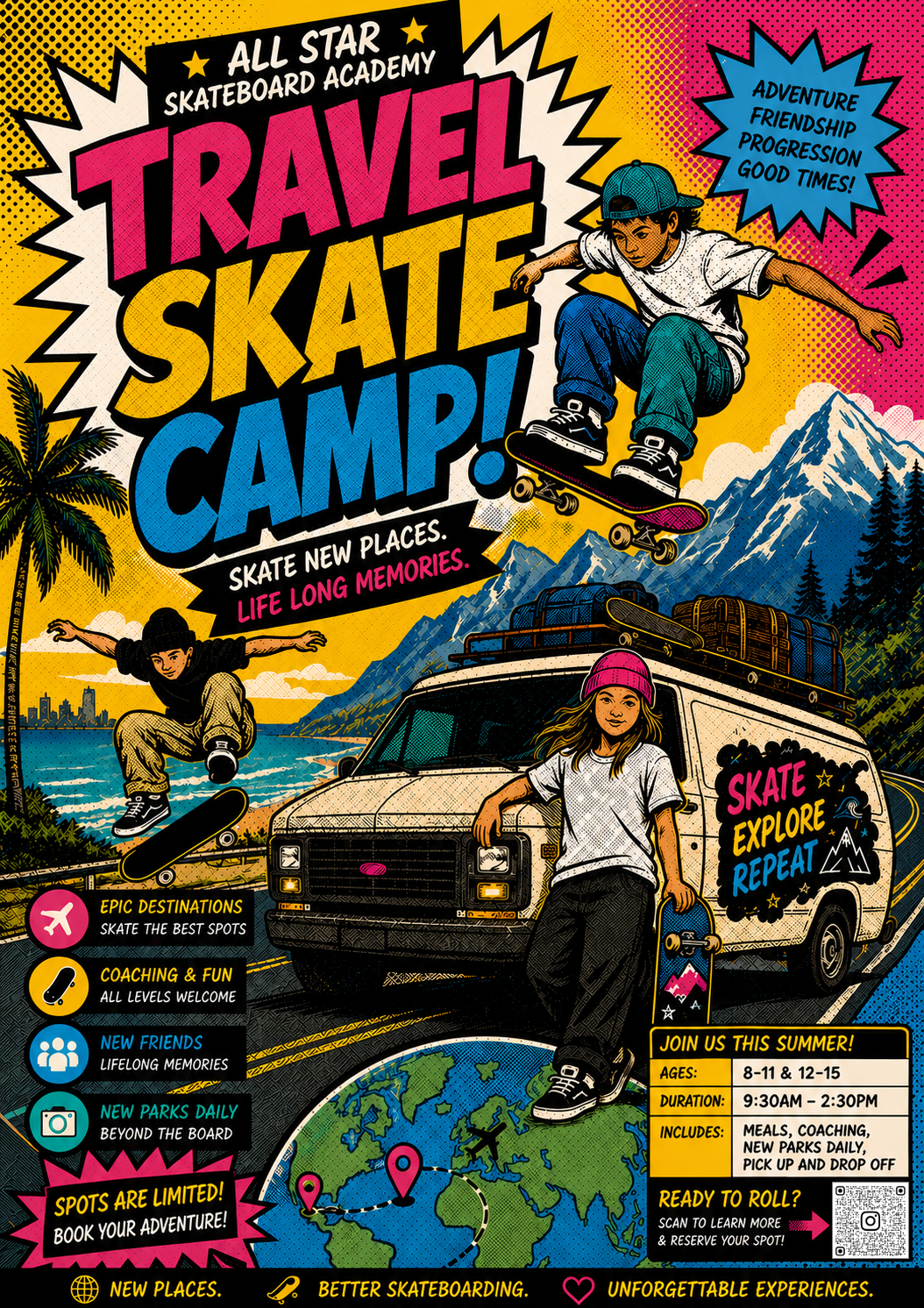 Colorful poster advertising a skateboarding summer camp called "Travel Skate Camp" by All Star Skateboard Academy. Features children skateboarding, a van with skate gear, mountains, and water in the background. Contains details about the camp, including age groups, schedule, activities, and call to action to scan a QR code for reservations.
