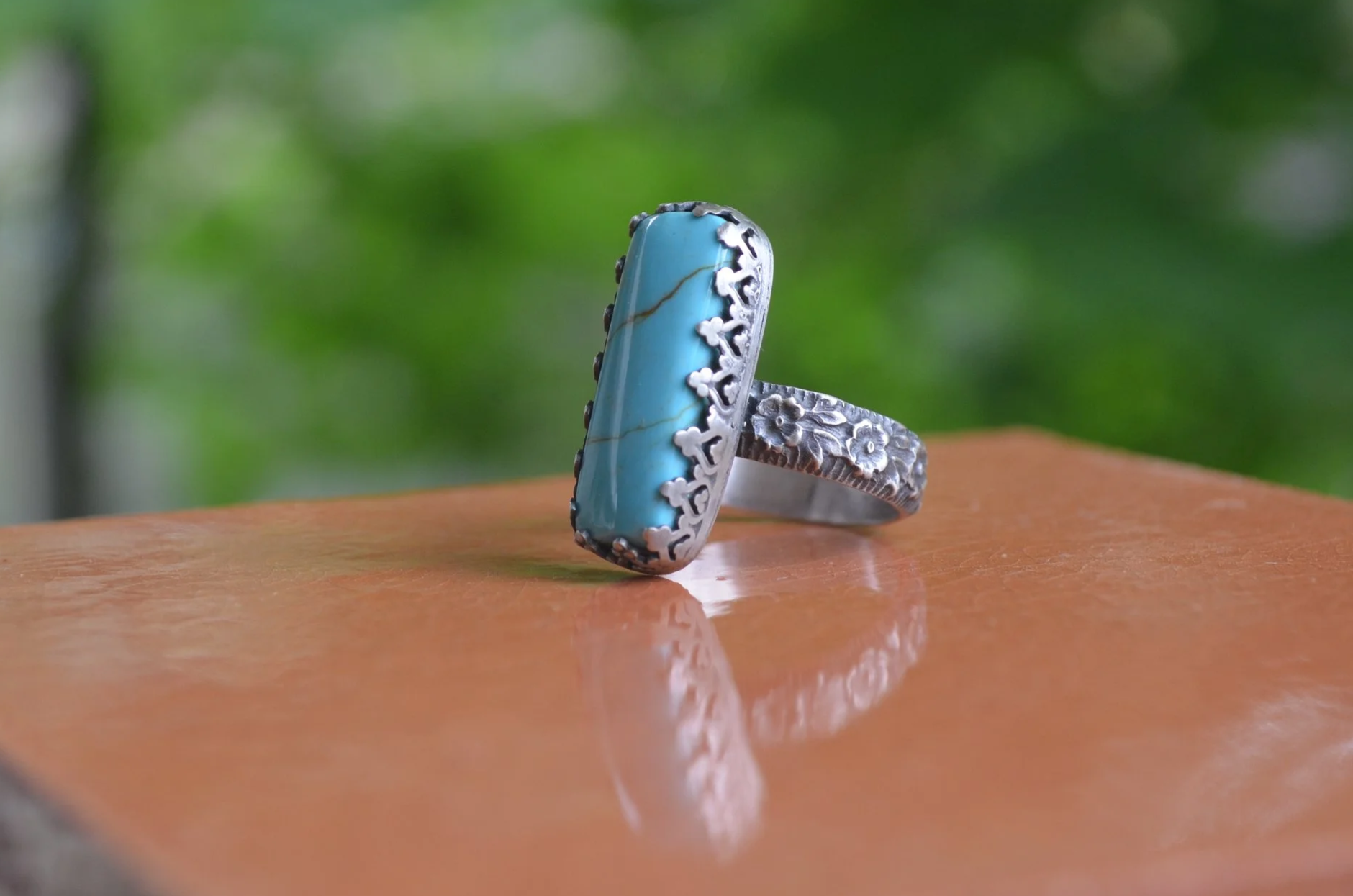 Turquoise Ring with Floral Band, size 7.75