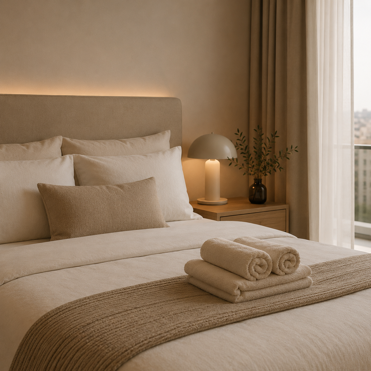 Lit dans une chambre moderne avec des oreillers blancs, une table de nuit avec une lampe et une plante en pot, grande fenêtre avec rideaux, vue urbaine au-delà.