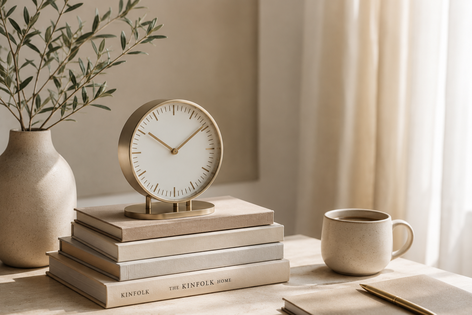 Une table avec une pile de livres, une horloge moderne, un vase avec des branches, une tasse de café, un stylo et un cahier, dans une pièce ensoleillée.