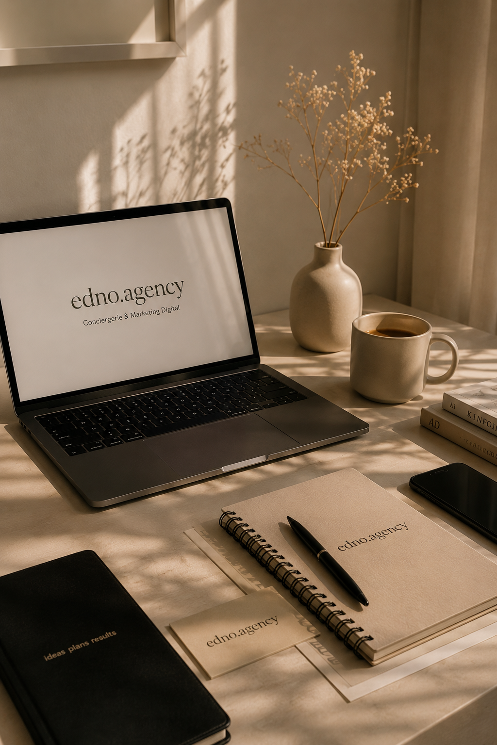 Un bureau avec un ordinateur portable affichant le logo edno.agency, une tasse de café, un vase avec des fleurs séchées, un carnet, un stylo, et plusieurs livres.