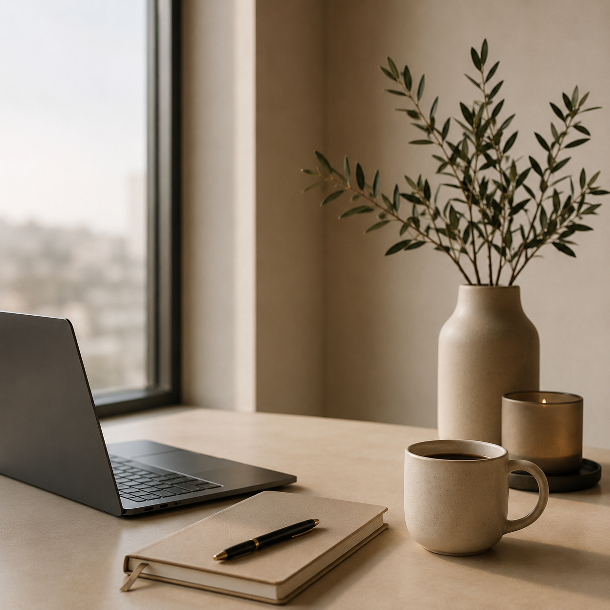 Un bureau avec un ordinateur portable, un carnet, un stylo, une tasse de café, une bougie et un vase avec des branches vertes près d'une fenêtre laissant entrer de la lumière naturelle.