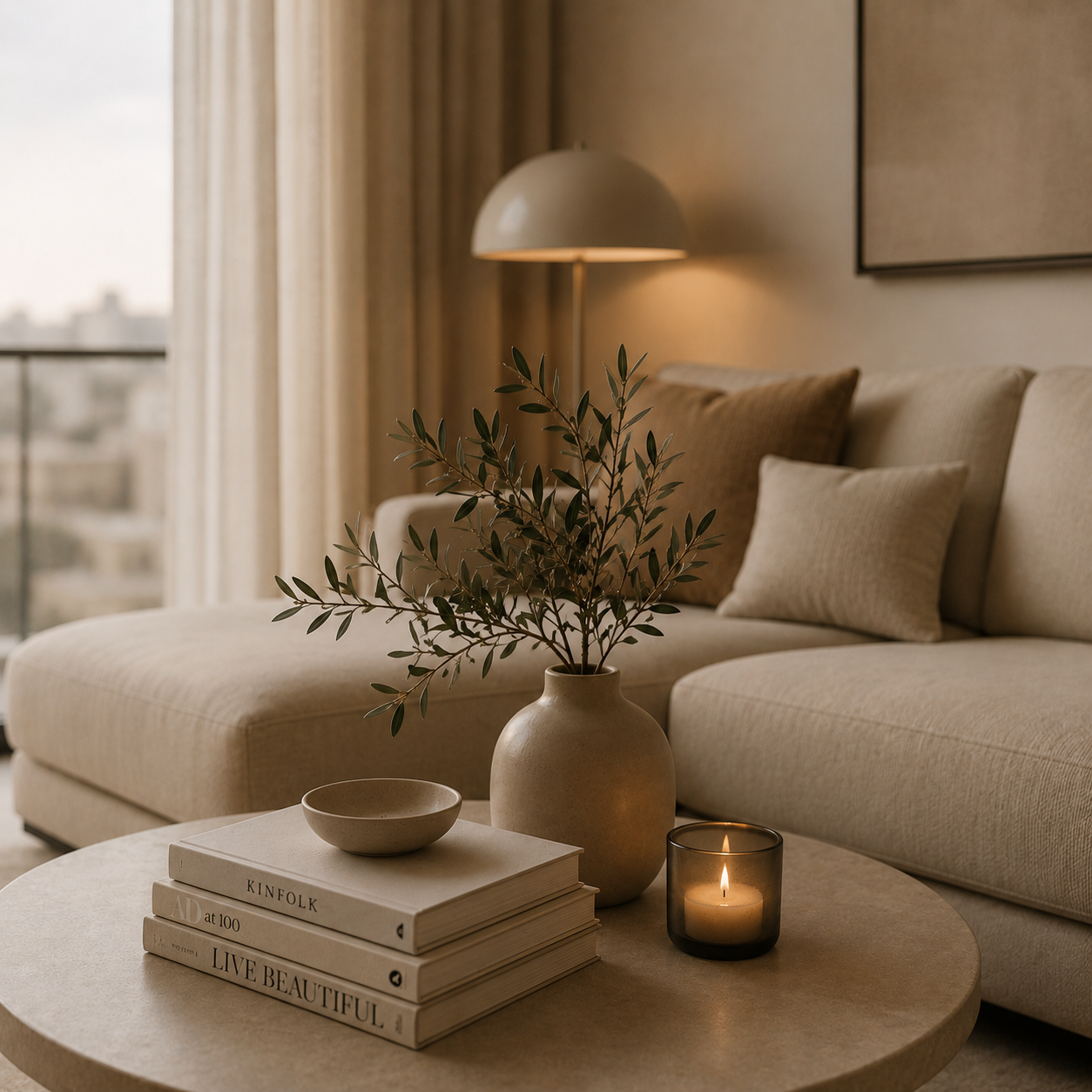 Salon avec canapé beige, coussins, table basse avec livres, vase avec branche verte, bougie dans un verre et lampe d'appoint, vue sur la fenêtre avec rideaux beige.