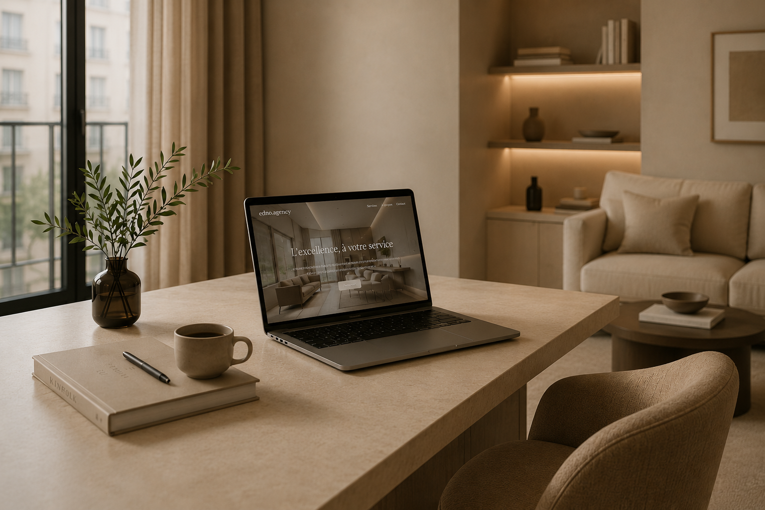 Un bureau moderne avec une table en bois clair, un ordinateur portable, un livre, une tasse, un vase avec des feuilles vertes et une chaise beige. En arrière-plan, un canapé beige et une étagère encastrée avec des décorations.