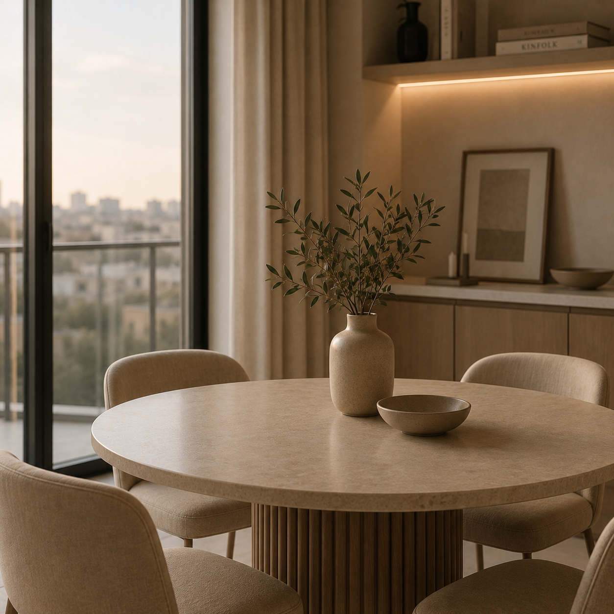 Intérieur moderne d'une salle à manger avec une table ronde en matériau clair, entourée de chaises beige. Une grande fenêtre laisser entrer la lumière naturelle, avec vue sur une ville. Sur la table, un vase avec des branches vertes et un bol en céramique.