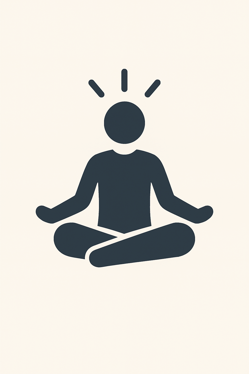 Silhouette of a person meditating in a cross-legged position with a light background and lines above the head indicating a bright idea or enlightenment.
