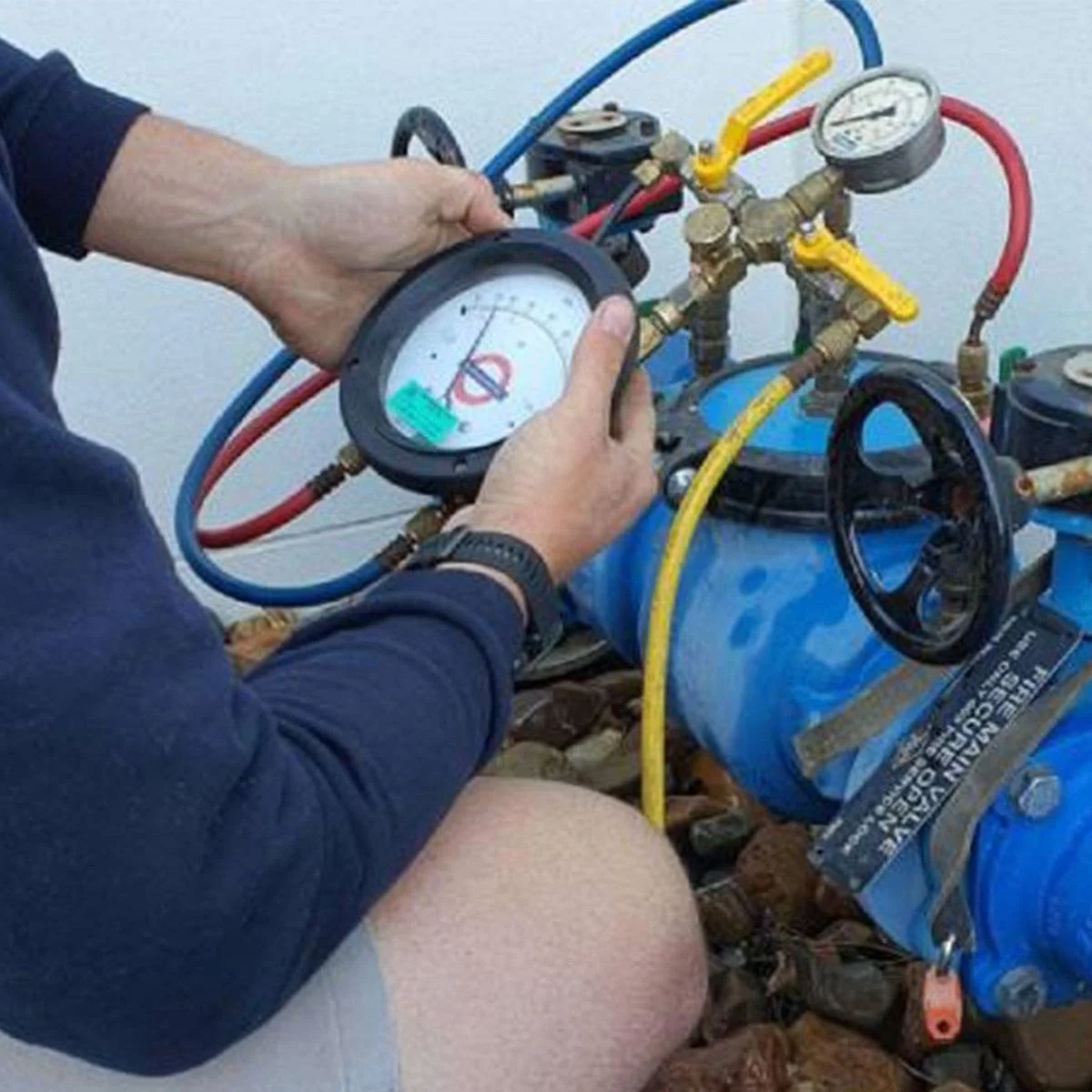 a man taking a plumbing backflow measurement