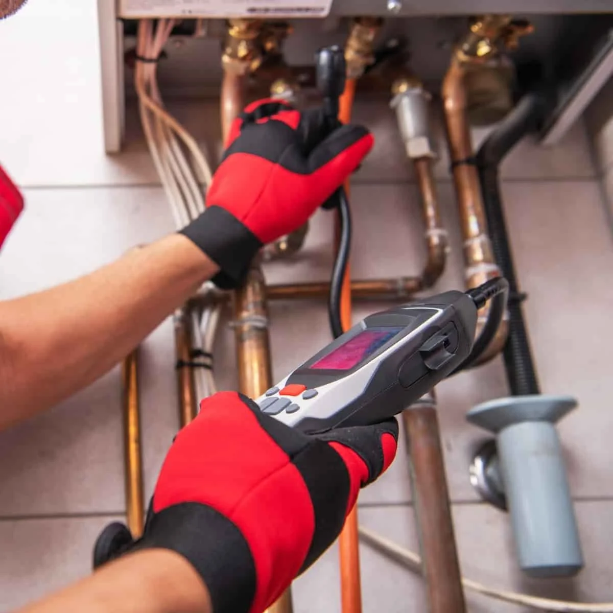 A plumber performing measurements holding a gauge in their hand that is connected to piping