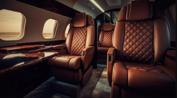 Interior of a private jet with leather seats and windows