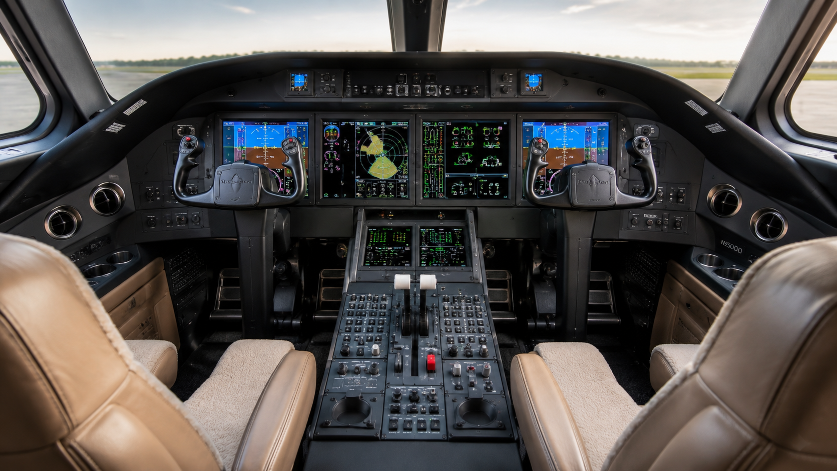 Interior view of an airplane cockpit with dual pilot seats, multiple digital screens, and various control panels and instruments, with an airport runway visible through the front windows.