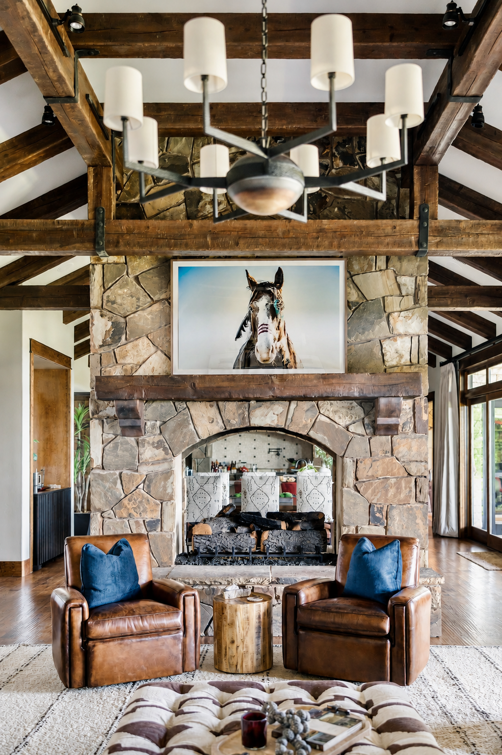 Luxury rustic ranch living room by H+Co Design Haus featuring vaulted wood-beam ceilings, a natural stone fireplace, leather seating, and warm Western-inspired design details.