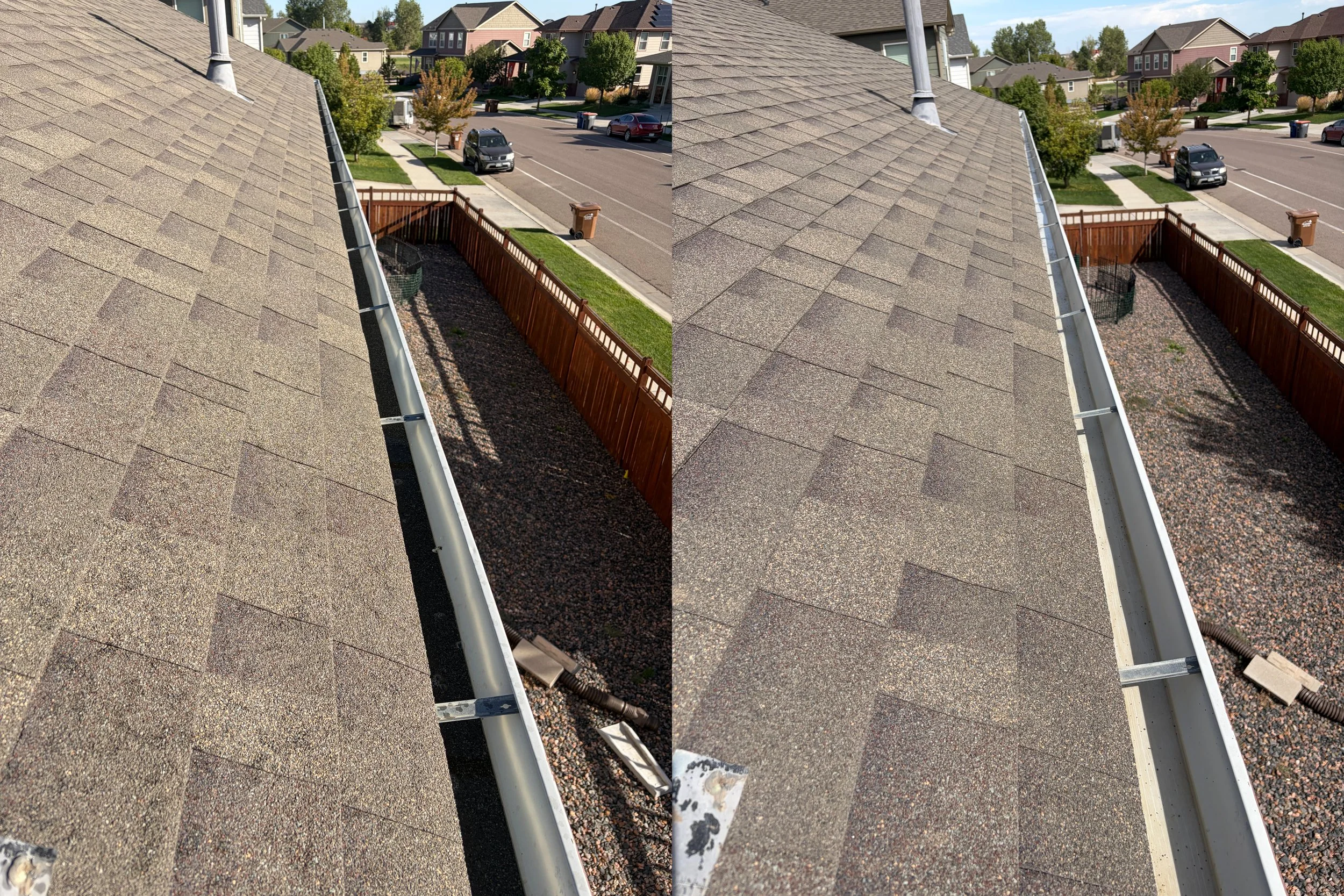 The image shows a bird's-eye view of a residential neighborhood with houses, trees, street, parked cars, and garbage bins. The photo is split into two mirrored halves, with a focus on the roof's edge and gutters in the foreground.