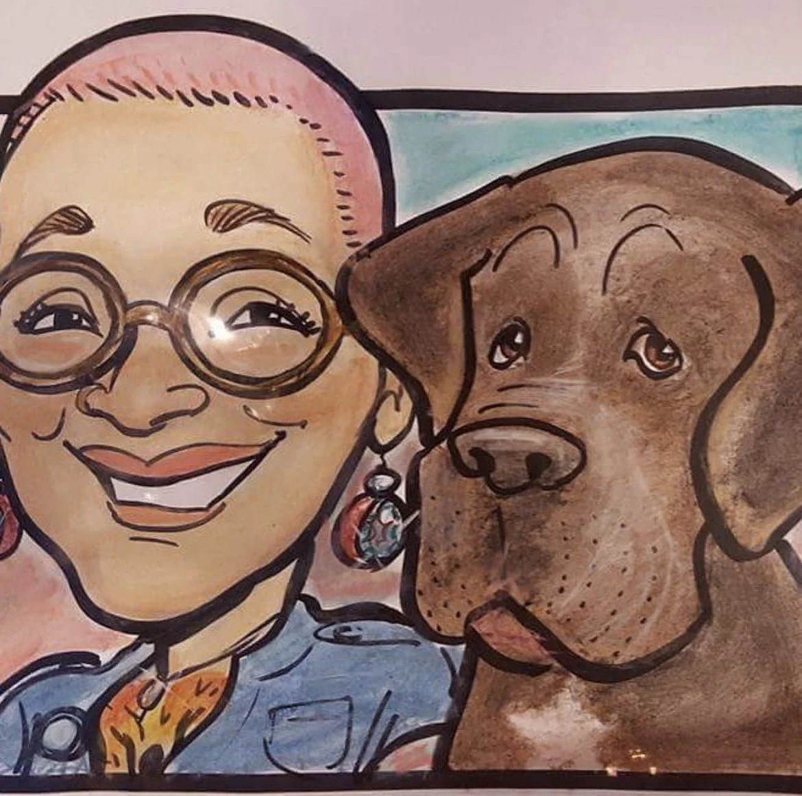 A colorful drawing of a woman with glasses and earrings smiling next to a brown dog with expressive eyes.