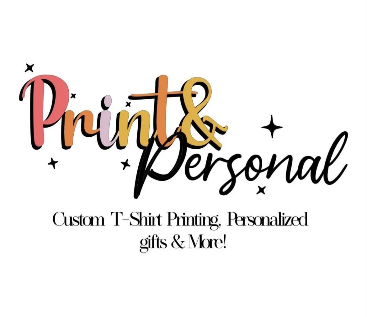Logo for Print & Personal, a business offering custom T-shirt printing and personalized gifts, featuring colorful text and small star accents.
