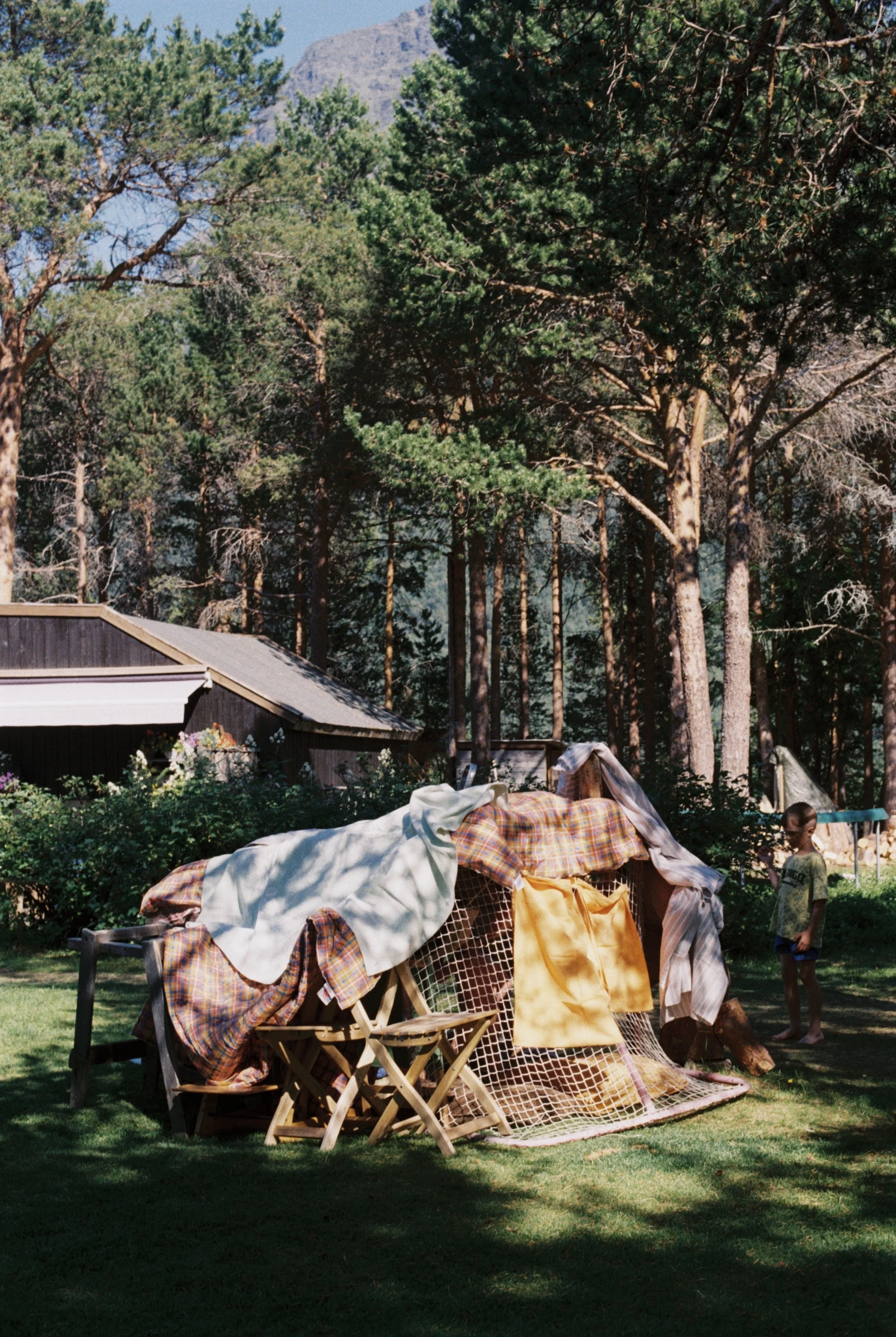 A backyard scene with a covered chair and various fabrics draped over it, a boy standing on the grass, a house with a black exterior and a sloped roof, tall pine trees, and a mountain in the background.