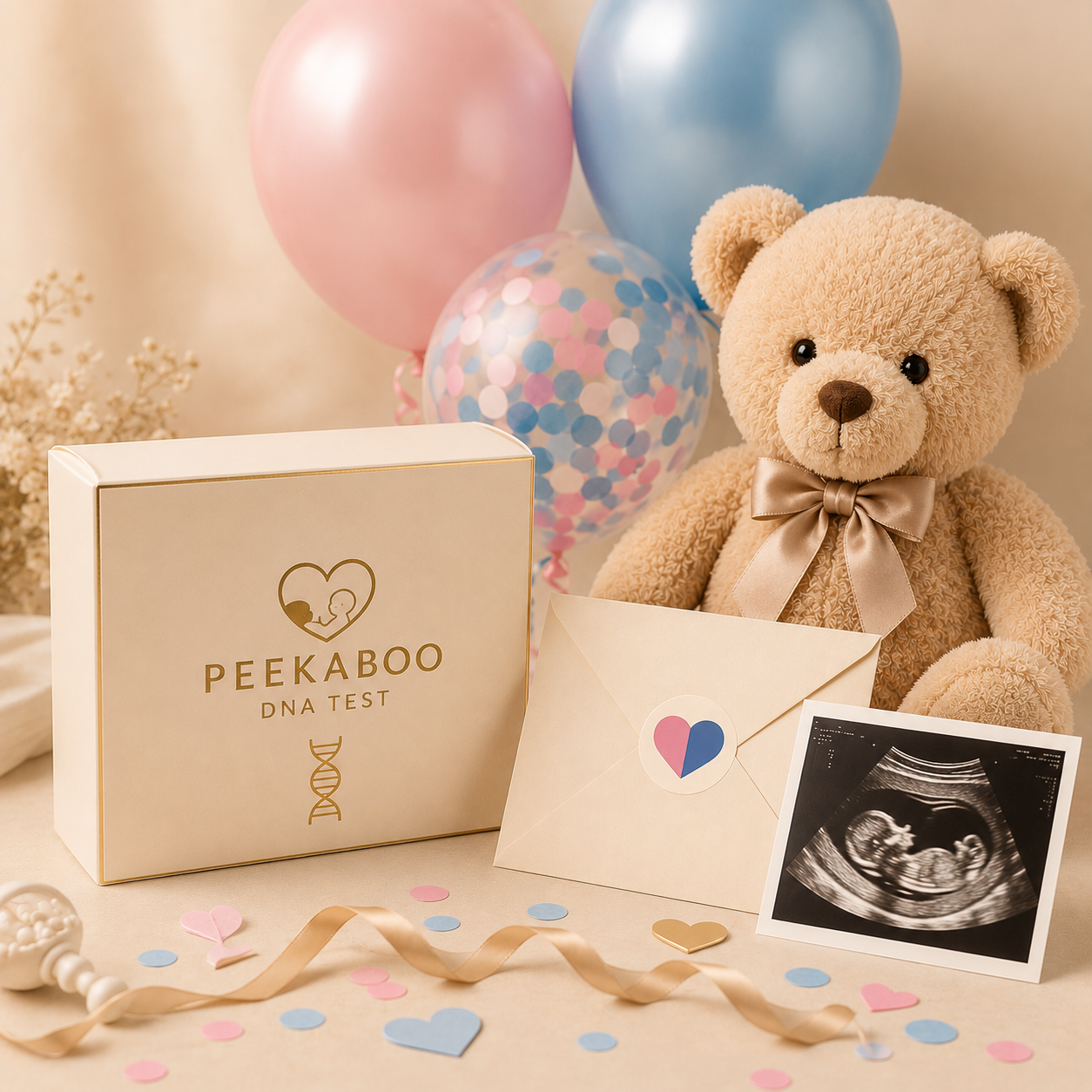 Peekaboo Gender Reveal DNA test kit for early baby gender testing with at-home specimen collection by Alkeza Mobile Labs. Coming soon.