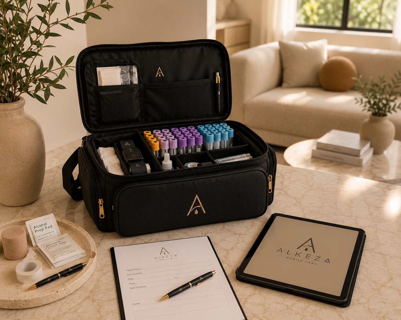 Mobile blood draw kit with professional phlebotomy supplies used for safe at-home blood collection and specimen collection services.