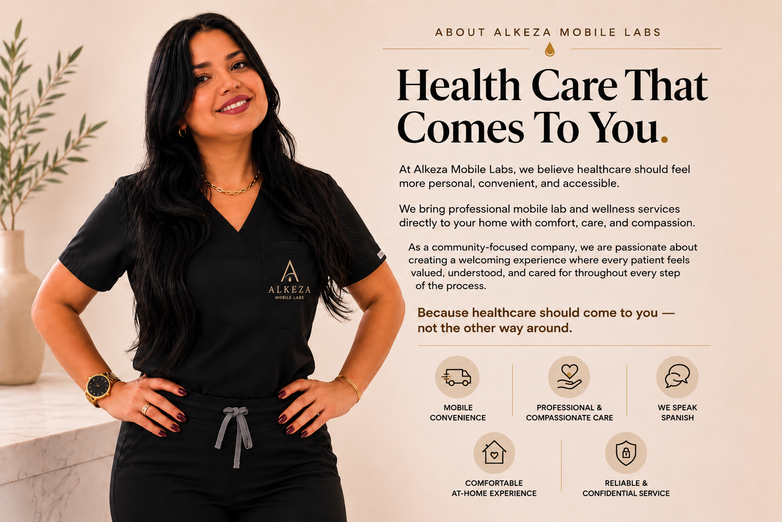 Professional mobile phlebotomist from Alkeza Mobile Labs providing at-home blood draw and specimen collection services in Central Florida. Spanish-speaking, bilingual care available.