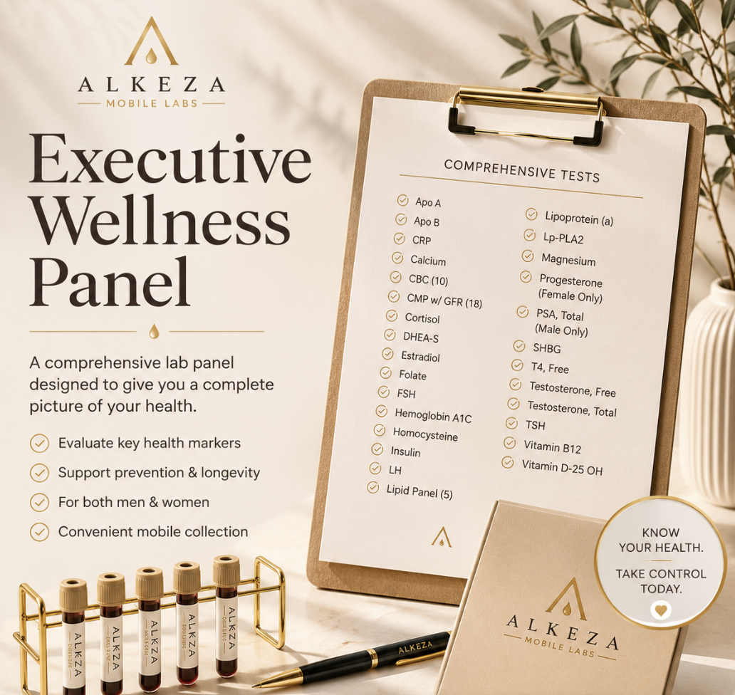 Executive Wellness Panel for preventive health screening with mobile blood draw and at-home specimen collection by Alkeza Mobile Labs. Coming soon.