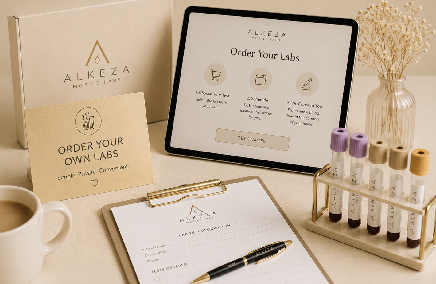Order Your Own Labs service by Alkeza Mobile Labs, allowing patients to order lab tests online with convenient at-home blood collection. Coming soon.