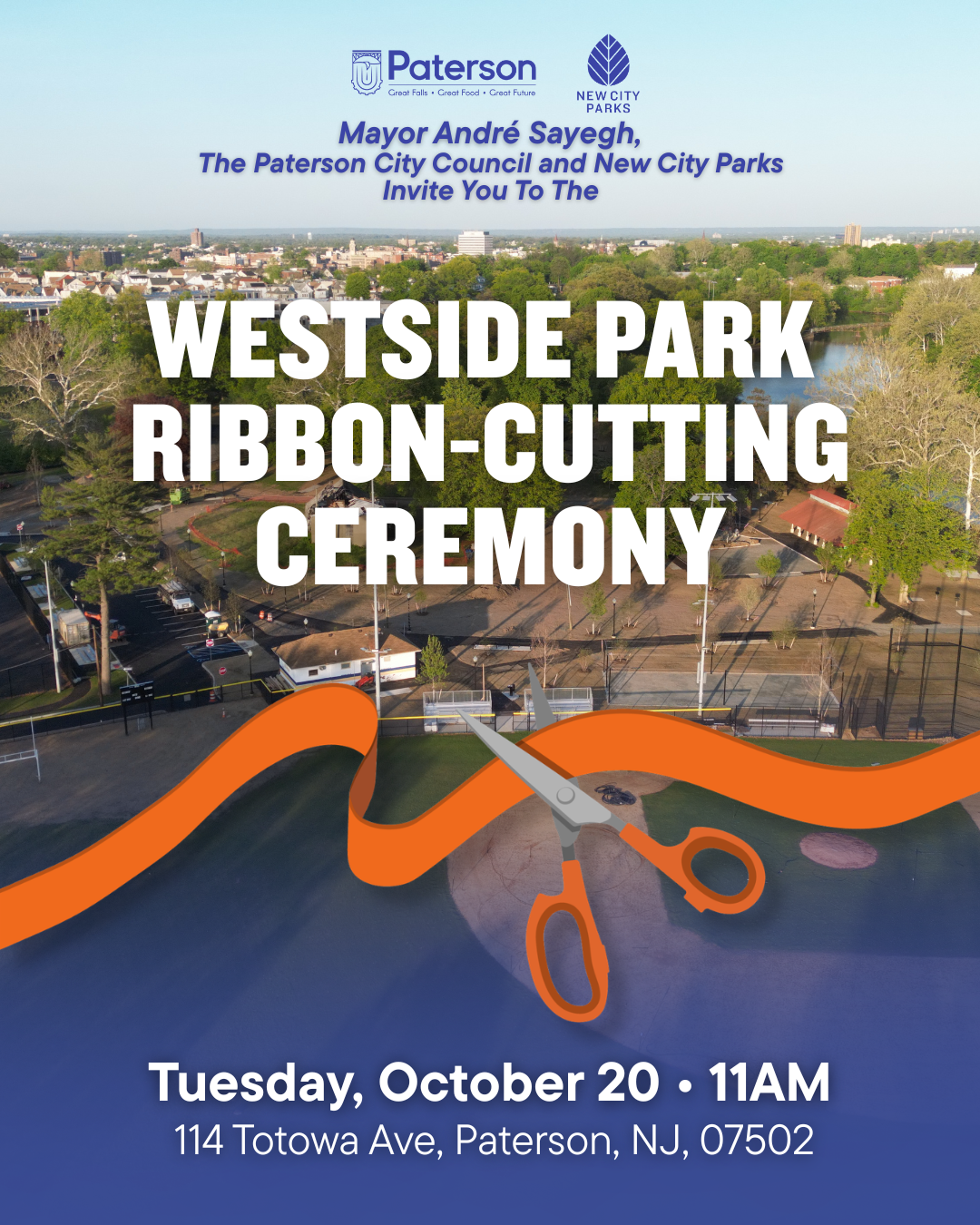 Flyer for Westside Park ribbon-cutting ceremony with aerial view of park and cityscape background. Features logos of Paterson and New City Parks, and a large graphic of scissors cutting an orange ribbon. Details of event include date, time, and location.
