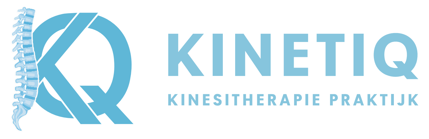 Logo for KinetIQ Kinesitherapie Praktijk, featuring a stylized spine on the left and the text 'KinetIQ' and 'Kinesitherapie Praktijk' on the right, in light blue.