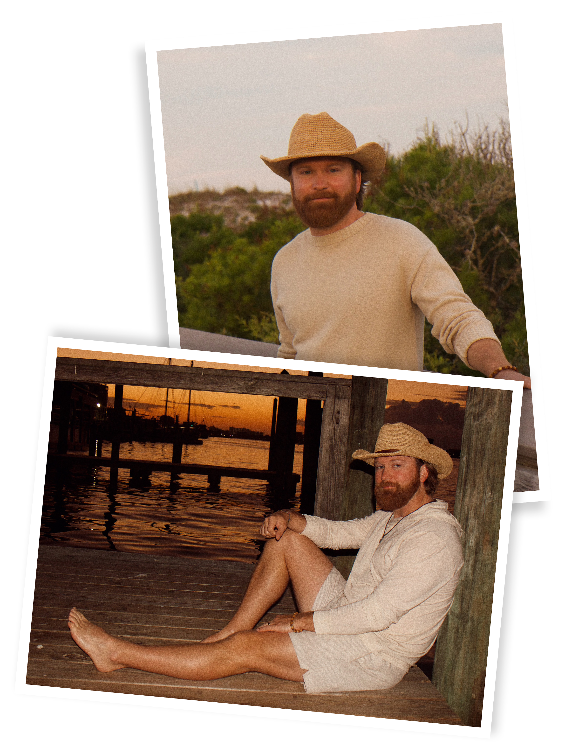 A man with a beard and wearing a straw hat sitting on a wooden dock by a body of water during sunset. He is dressed in light-colored clothing and has a relaxed, contemplative expression.
