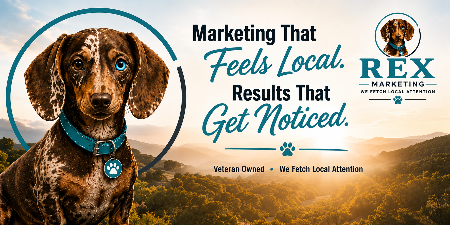 A dog with brown fur and black spots wearing a blue collar with a paw print tag, set against a sunset background over mountainous terrain, promoting a local marketing service called REX Marketing.
