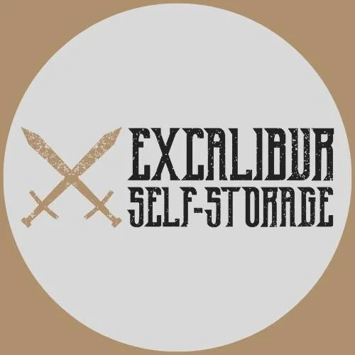 Logo for Excalibur Self-Storage featuring two crossed swords and bold text.