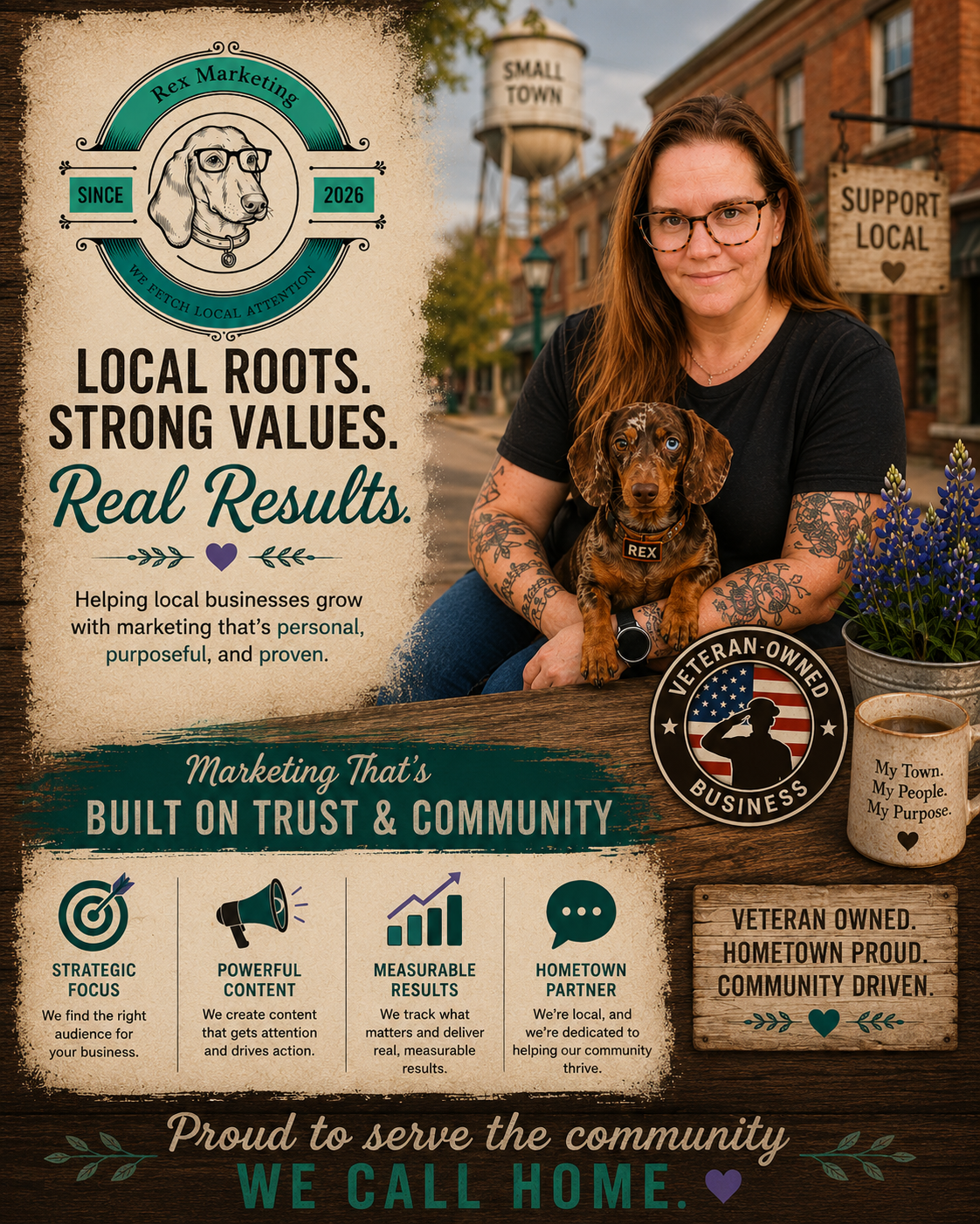 A woman with glasses sitting outdoors in a small town, holding a puppy named Rex. The background shows brick buildings with signs supporting local businesses and a water tower labeled "Small Town." The scene includes a wooden table with a plant, a coffee mug with the text "My Town. My People. My Purpose," and a circular badge reading "Veteran-Owned Business." The left side of the image contains marketing information emphasizing community trust, with icons and text about targeted focus, content, results, and local partnership.