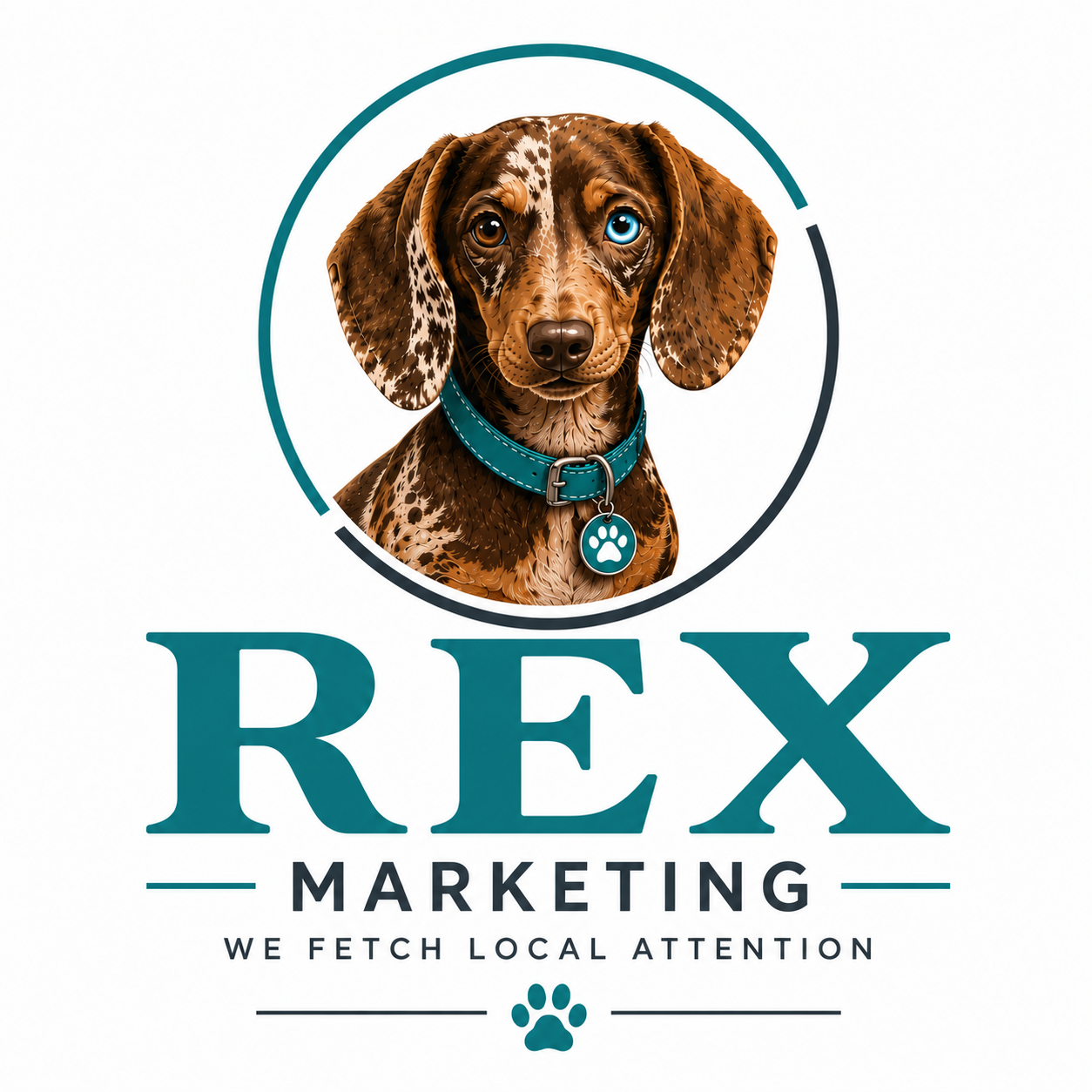 Logo for Rex Marketing featuring a digital illustration of a brown dog with one blue eye and one brown eye, wearing a teal collar with a paw print tag, surrounded by a circular design, with the text "REX MARKETING" and slogan "We Fetch Local Attention".