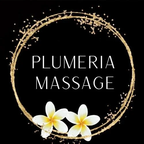 Logo for Plumeria Massage featuring a gold circular border, black background, and two white and yellow plumeria flowers at the bottom.