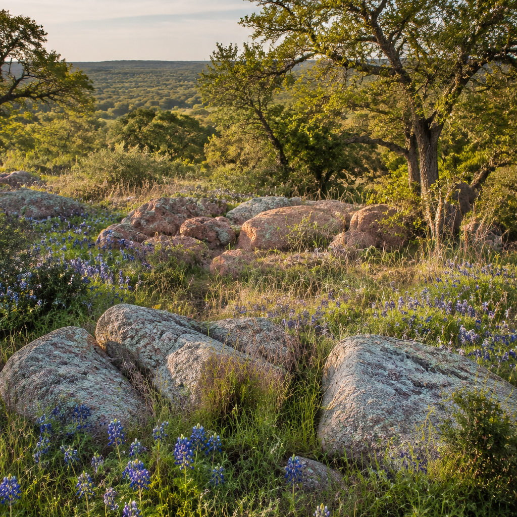 A scenic landscape with large rocks, wildflowers, and trees in a natural setting during golden hour.