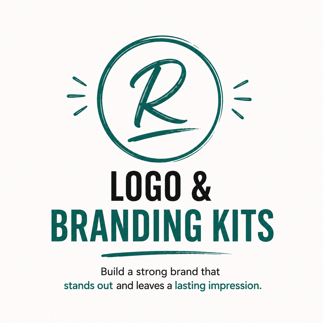 A logo with a stylized letter 'R' inside a circle, flanked by lines suggesting radiance. Below, the text reads 'LOGO & BRANDING KITS' with a subtitle 'Build a strong brand that stands out and leaves a lasting impression.'