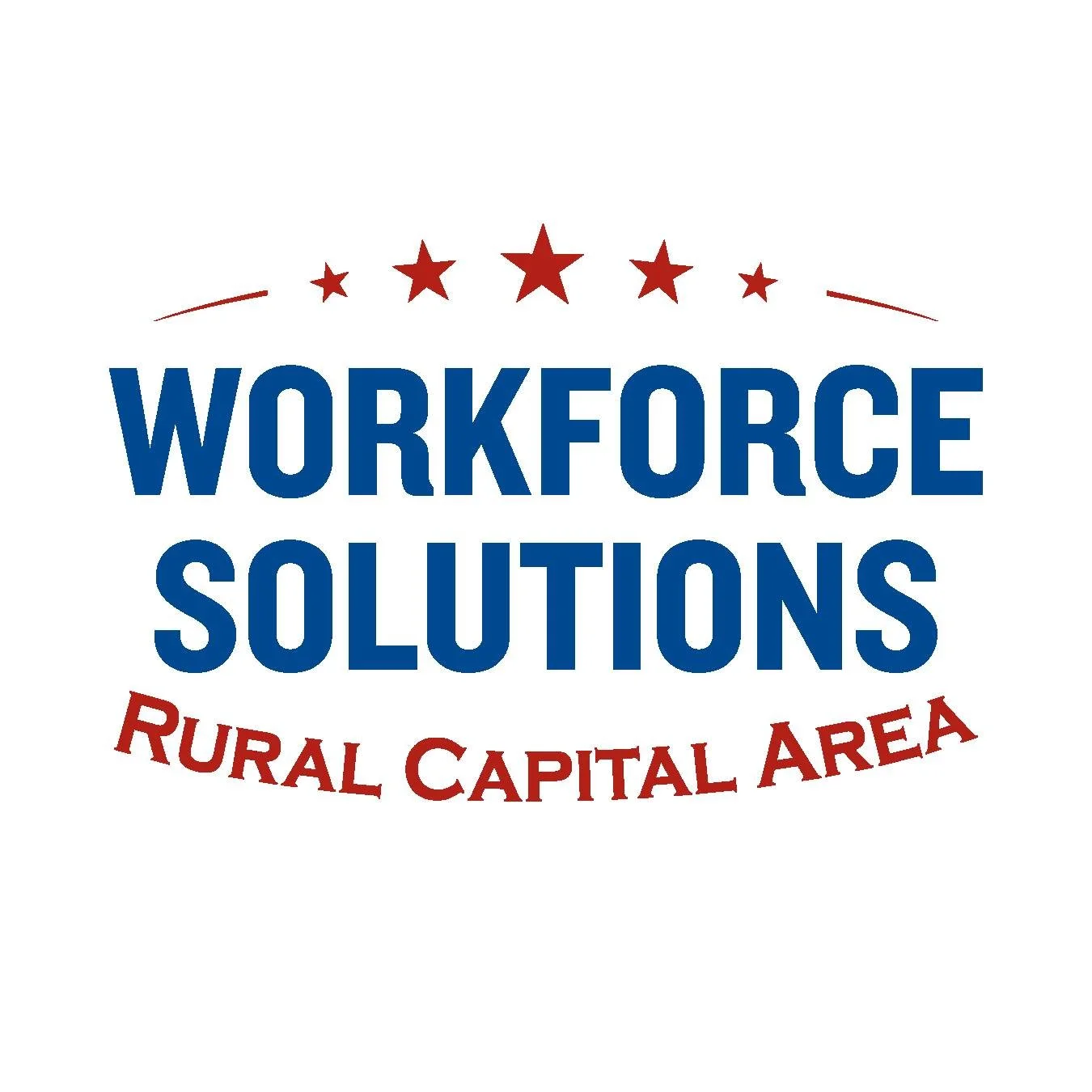 Logo for Workforce Solutions Rural Capital Area, featuring red stars above the text and the words "Rural Capital Area" curved below in red.
