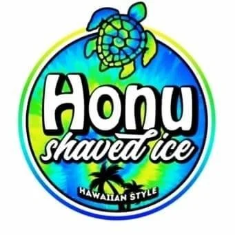 Logo for Honu shaved ice featuring a turtle, blue and green background, and palm trees, with the text "Honu shaved ice" and "Hawaiian style."