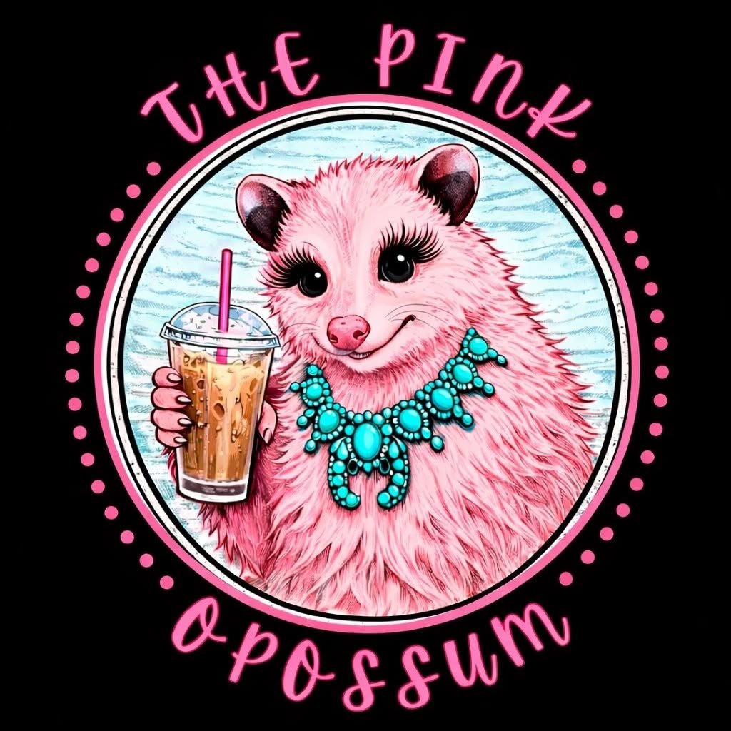 Illustration of a pink hedgehog wearing a turquoise necklace, holding a drink with a straw, and surrounded by pink text reading 'The Pink Opossum' on a black background. Local Coffee Shop