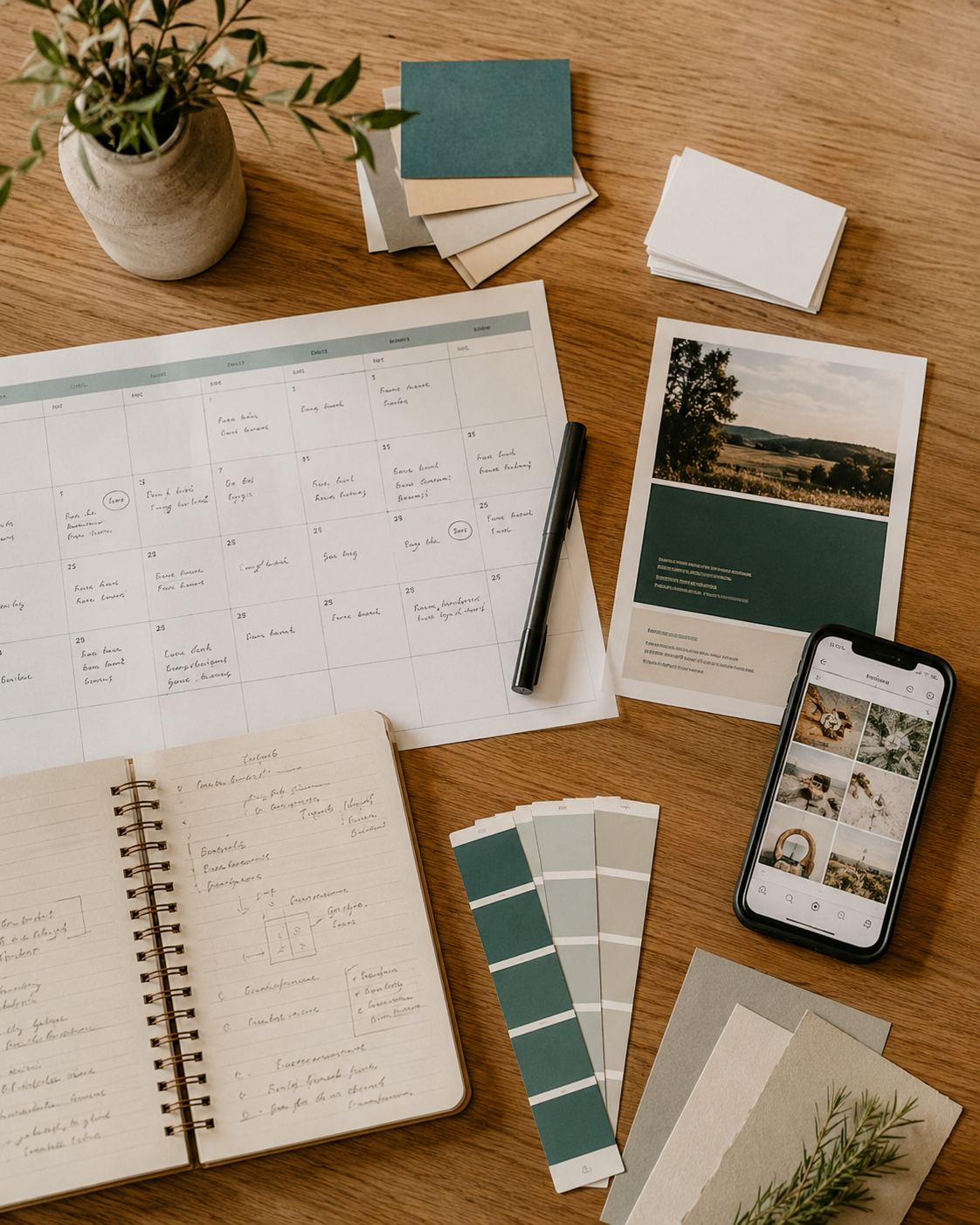 A wooden desk with a potted plant, color swatches, an open planner with handwritten notes, a printed brochure with landscape image, a smartphone displaying a collage of photos, and sheets of paper.