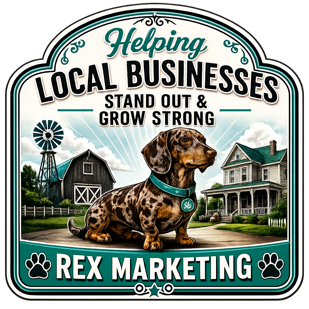 A colorful sign promoting local businesses with the message "Helping Local Businesses Stand Out & Grow Strong." The sign features a cute Dachshund puppy with a teal collar, sitting on a porch, with a farm and windmill in the background.